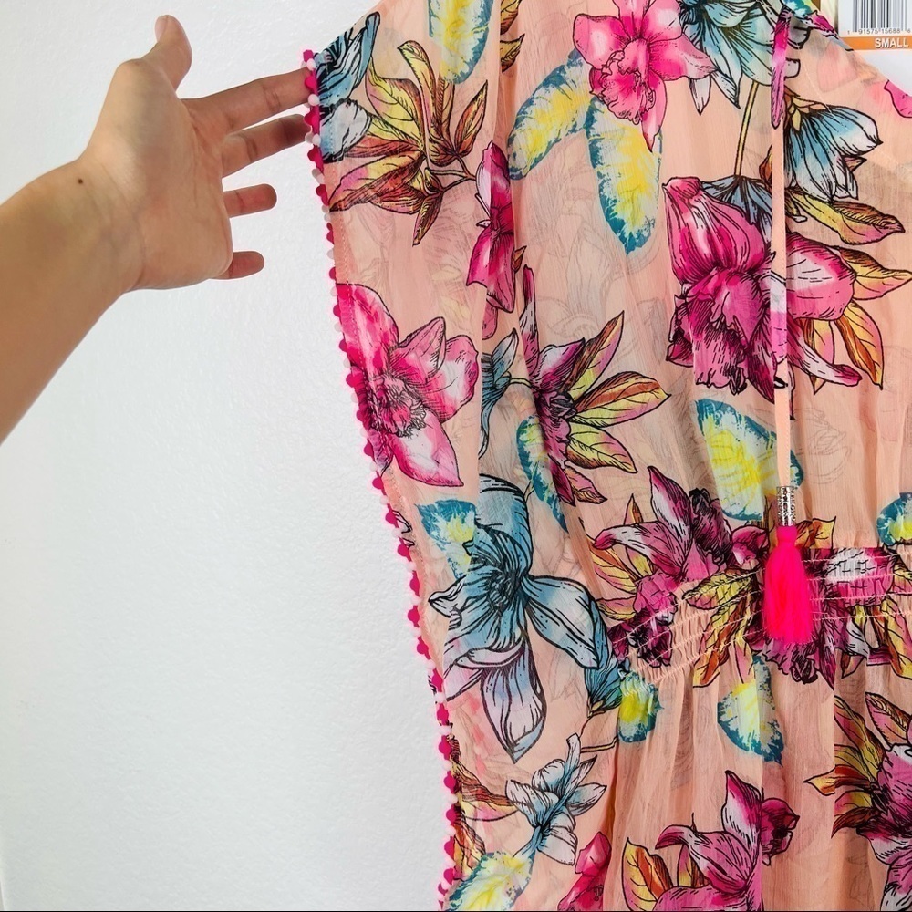 Miken Swim V-Neck Smocked Poncho Cover Up Tassels Tropical Floral size S - Picture 3 of 6